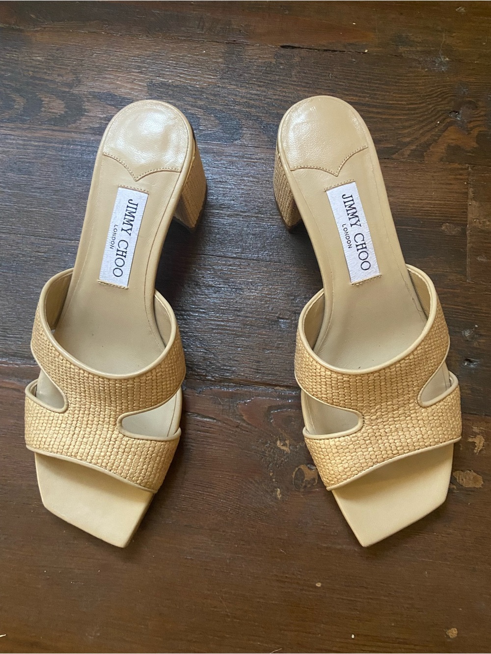 Jimmy Choo Tan Raffia Block Heel Slide Sandals